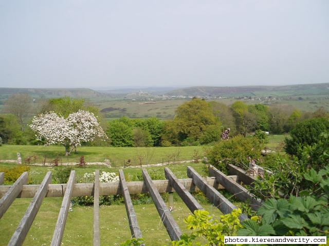 view of Corfe Castle from pub garden